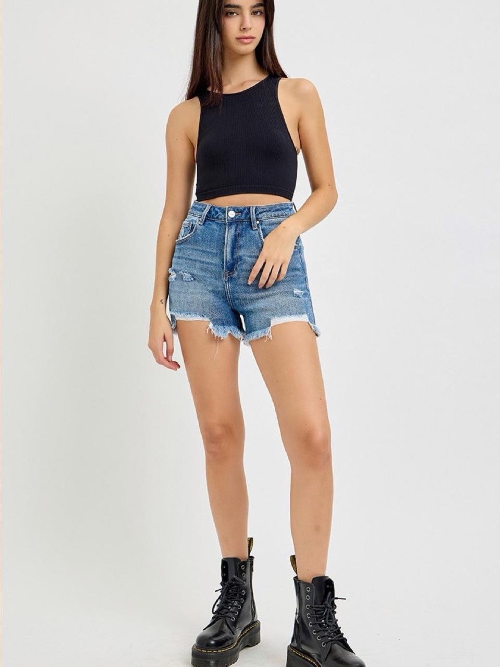 W27-28 Medium RISEN High Rise Distressed Denim Cutoff Shorts Medium Wash Frayed